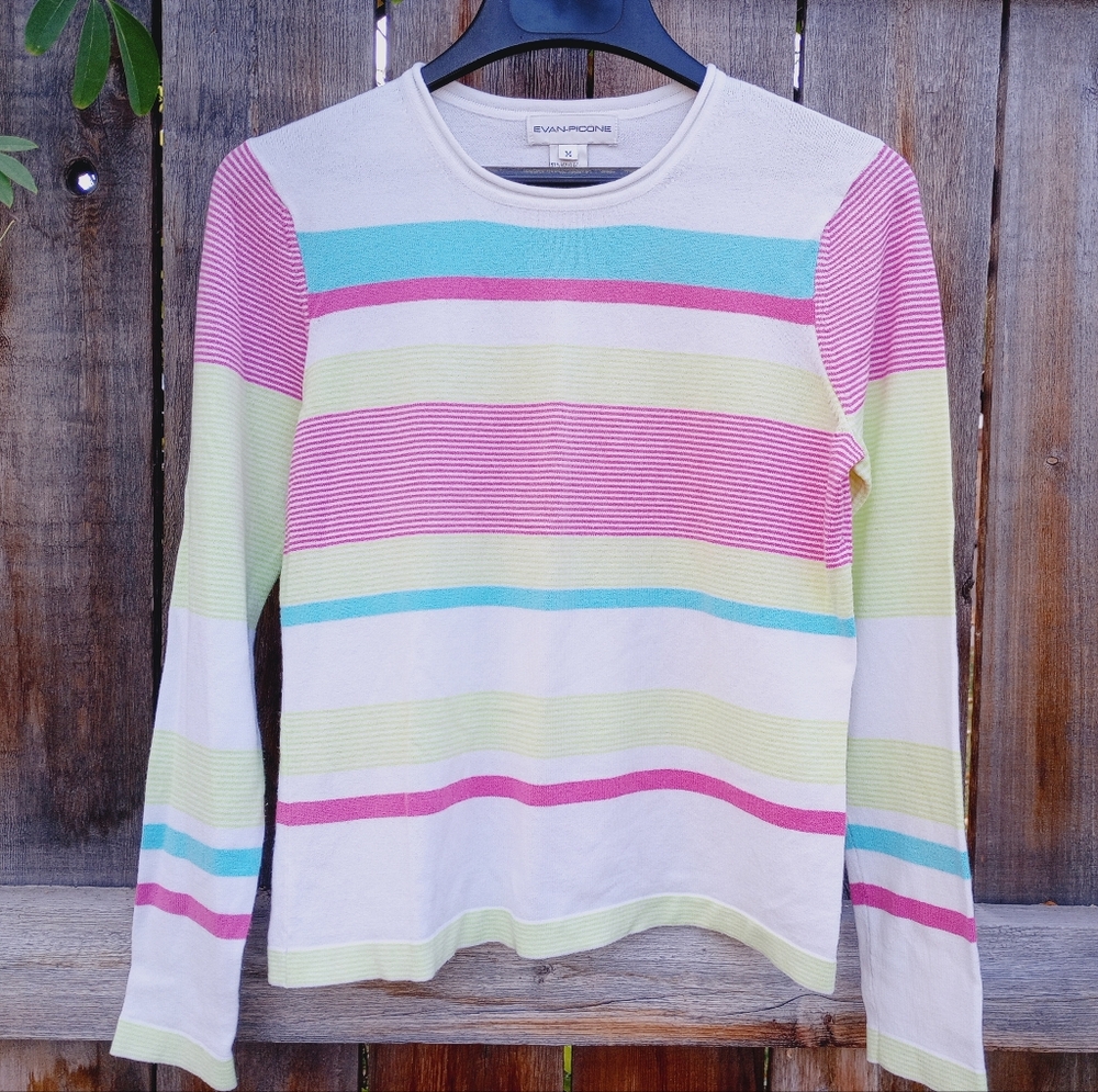 Evan Picone Lightweight Rolled Crew Neck Colorful Striped Sweater Size M
